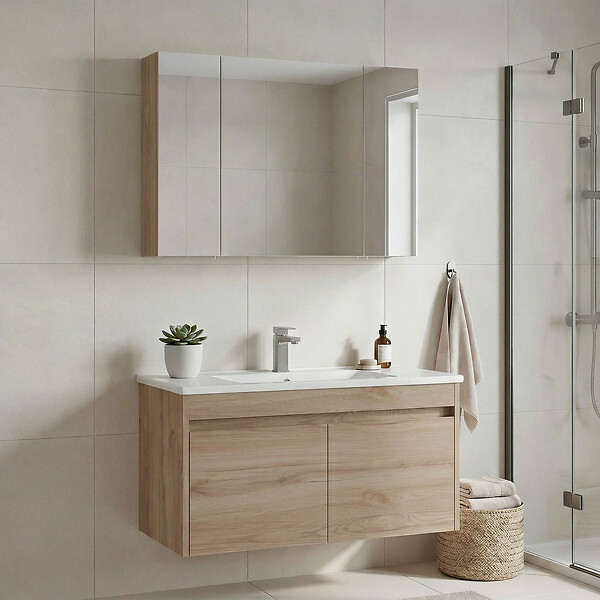 HABITAT ET JARDIN - Ensemble Meuble Vasque avec Miroir (2 Pièces) "Side 100 v3" - 100 x 45 x 52 cm - Oak - large
