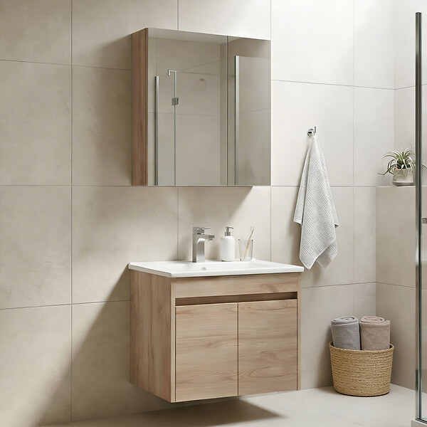 HABITAT ET JARDIN - Ensemble Meuble Vasque avec Miroir (2 Pièces) "Side 65 v2" - 65 x 45 x 52 cm - Oak - large