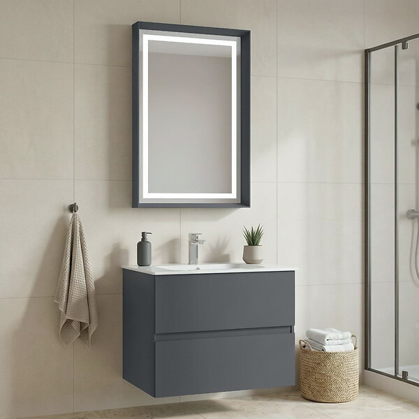 HABITAT ET JARDIN - Ensemble Meuble Vasque avec Miroir (2 Pièces) "Nest 71 v2" - 71 x 51 x 55 cm - Matte Anthracite - large