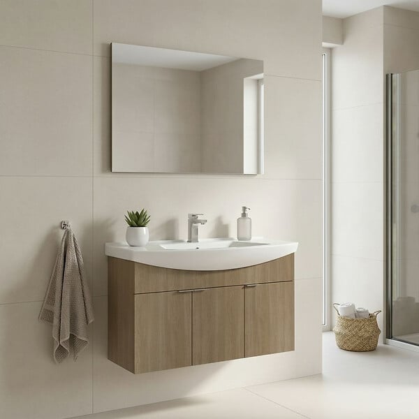 HABITAT ET JARDIN - Ensemble Meuble Vasque avec Miroir (2 Pièces) "Purus 100" - 100 x 50 x 58 cm - Oak - large