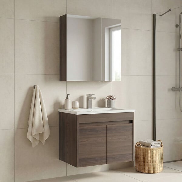 HABITAT ET JARDIN - Ensemble Meuble Vasque avec Miroir (2 Pièces) "Side 65 v2" - 65 x 45 x 52 cm - Walnut - large
