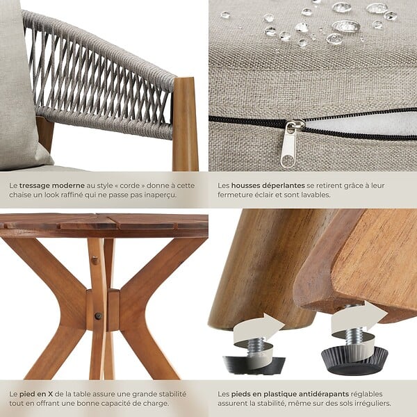 TECTAKE - Ensemble jardin bois acacia 3 pièces grège 2 chaises table plateau décoratif soleil en acacia - large