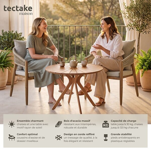 TECTAKE - 2 Places ensemble de jardin bois d'acacia résistant aux intempéries sable plateau table motif soleil - large