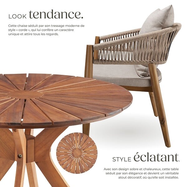 TECTAKE - 2 Places ensemble de jardin bois d'acacia résistant aux intempéries sable plateau table motif soleil - large