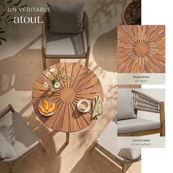 TECTAKE - 2 Places ensemble de jardin bois d'acacia résistant aux intempéries sable plateau table motif soleil - large