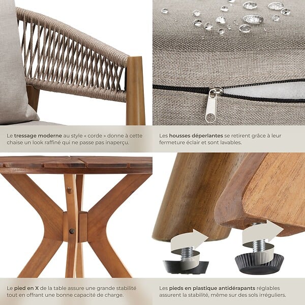 TECTAKE - 2 Places ensemble de jardin bois d'acacia résistant aux intempéries sable plateau table motif soleil - large