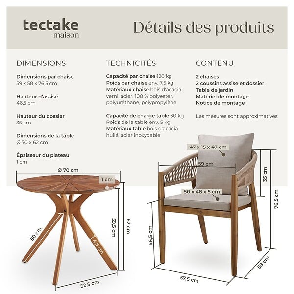 TECTAKE - 2 Places ensemble de jardin bois d'acacia résistant aux intempéries sable plateau table motif soleil - large