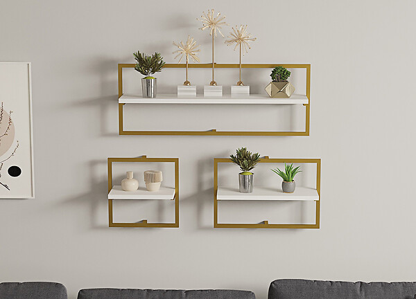 HABITAT ET JARDIN - Étagère murale en bois "Yeso" - 80 x 20 x 30 cm - Blanc, Or - large