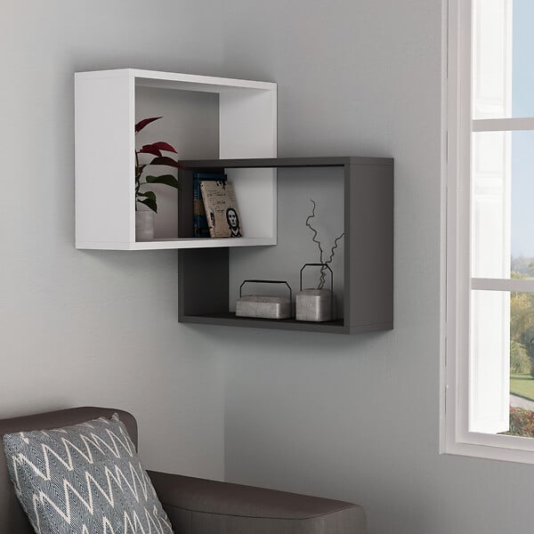 HABITAT ET JARDIN - Lot de 2 étagères murales d'angle en bois "Ring" - 68 x 60 x 68 cm - Gris anthracite - large
