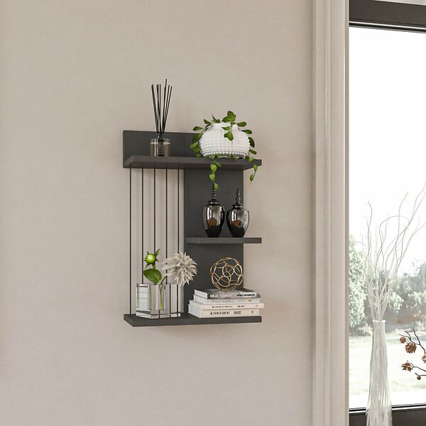 HABITAT ET JARDIN - Étagère murale en bois "Kinik" - 40 x 19 x 60 cm - Gris anthracite - large
