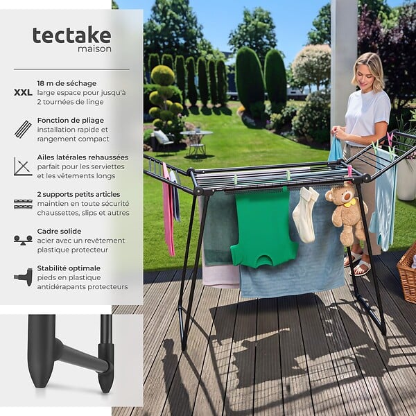 TECTAKE - Séchoir à linge LIFE pliable de 1,8 m noir - large
