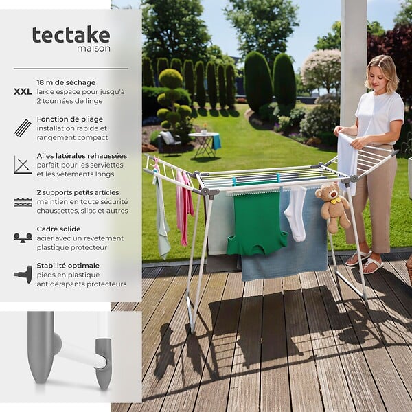 TECTAKE - Séchoir à linge LIFE pliable de 1,8 m blanc - large
