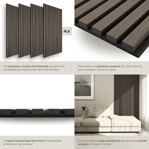 TECTAKE - Lot de 4 panneaux acoustiques 3d en bois véritable feutre insonorisant découpables chêne gris 110 x 50 cm - large