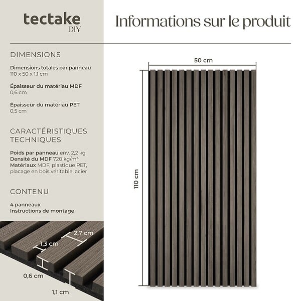 TECTAKE - Lot de 4 panneaux acoustiques 3d en bois véritable feutre insonorisant découpables chêne gris 110 x 50 cm - large