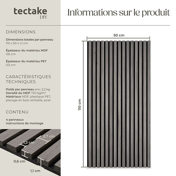 TECTAKE - Lot de 4 panneaux acoustiques 3d avec feutre insonorisant placage en bois véritable chêne gris clair découpables 110 x 50 cm - large