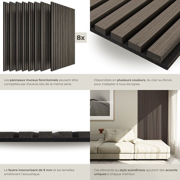 TECTAKE - Lot de 8 panneaux acoustiques muraux placage en bois véritable chêne gris 110 x 50 cm 3d feutre insonorisant découpables - large