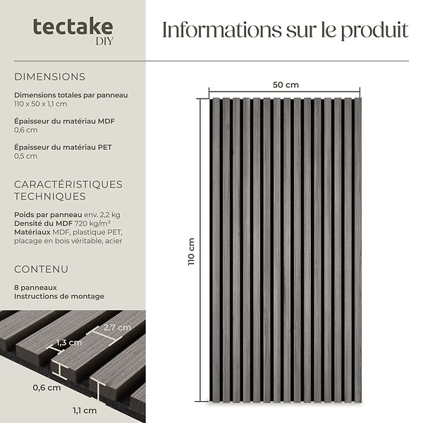 TECTAKE - Panneaux acoustiques Sonic Wall IV aspect bois chêne gris clair - large