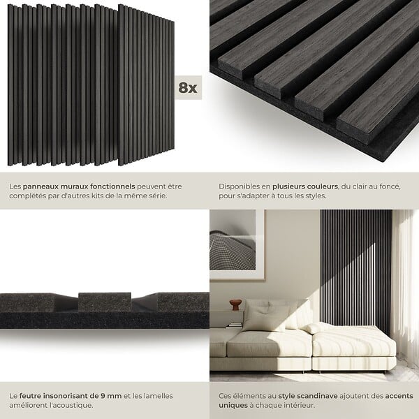 TECTAKE - Lot de 8 panneaux acoustiques 3d en placage en bois véritable chêne noir feutre insonorisant découpables 120 x 60 cm - large