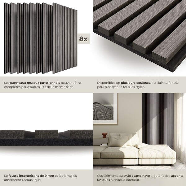 TECTAKE - Lot 8 panneaux acoustiques placage en bois chêne gris clair 120x60 cm feutre insonorisant - large