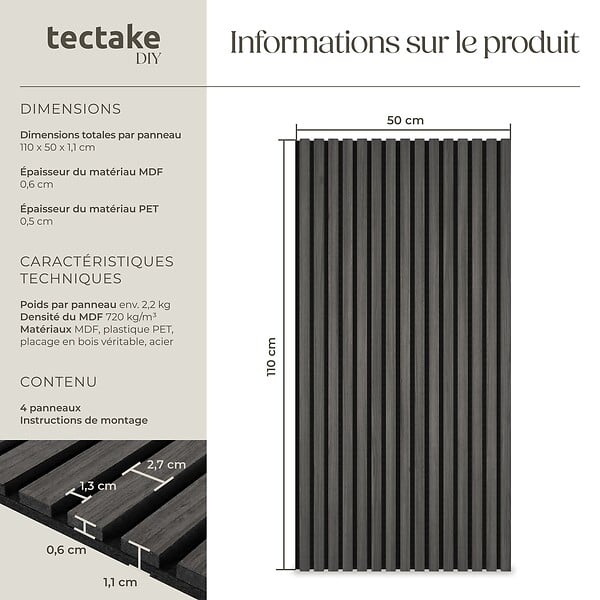 TECTAKE - Panneaux acoustiques Sonic Wall IV aspect bois chêne noir - large