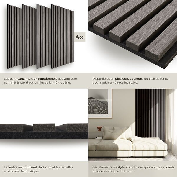 TECTAKE - Lot de 4 panneaux acoustiques muraux 3d 120 x 60 cm placage en bois véritable chêne gris clair feutre insonorisant découpables - large