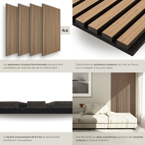 TECTAKE - Lot 4 panneaux acoustiques 3d en feutre insonorisant découpables en mdf placage en bois véritable marron chêne 120 x 60 cm - large