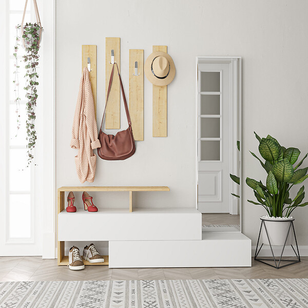 HABITAT ET JARDIN - Meuble d'entrée avec miroir en bois "Ramda" - 137 x 35 x 154 cm - Beige - large
