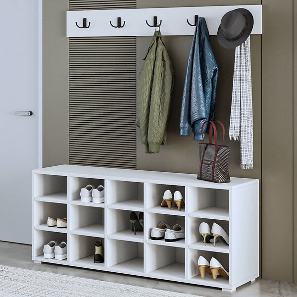 HABITAT ET JARDIN - Meuble à chaussures avec porte manteau en bois "Talu" - 120 x 30 x 52 cm - Blanc - large