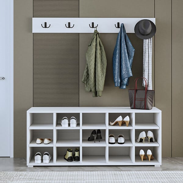 HABITAT ET JARDIN - Meuble à chaussures avec porte manteau en bois "Talu" - 120 x 30 x 52 cm - Blanc - large