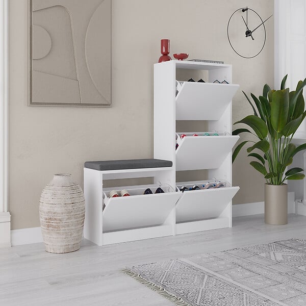 HABITAT ET JARDIN - Meuble à chaussures avec assise en bois "Dude" - 105 x 26 x 118 cm - Blanc - large