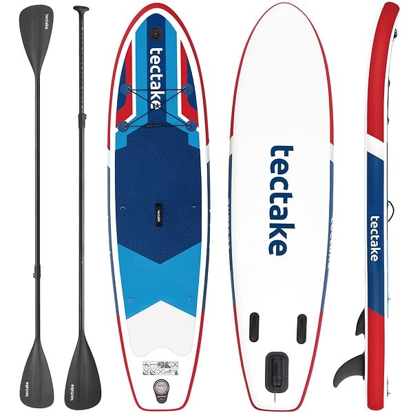 TECTAKE - Planche de stand up paddle gonflable avec support pour appareil photo siège de kayak antidérapant rouge et bleu 288 x 77 x 22,5 cm jusqu'à 200 kg - large