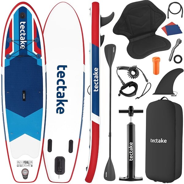 TECTAKE - Planche de stand up paddle gonflable avec support pour appareil photo siège de kayak antidérapant rouge et bleu 288 x 77 x 22,5 cm jusqu'à 200 kg - large