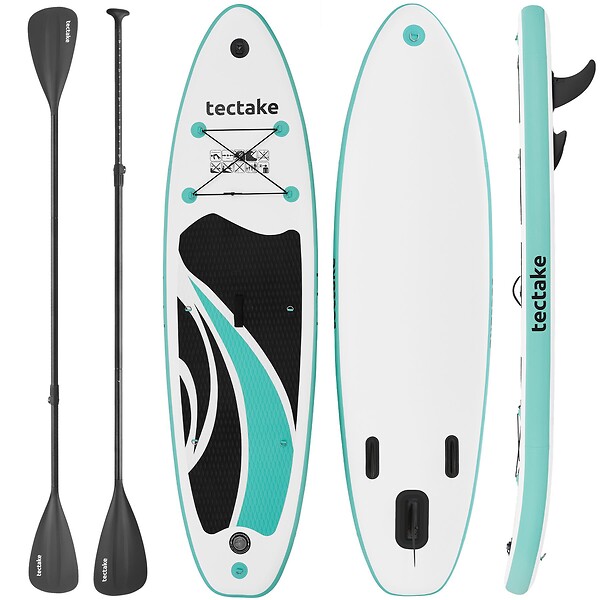 TECTAKE - Planche de stand up paddle gonflable avec support pour appareil photo siège de kayak antidérapant jusqu'à 200 kg blanc turquoise 288 x 77 x 22,5 cm - large
