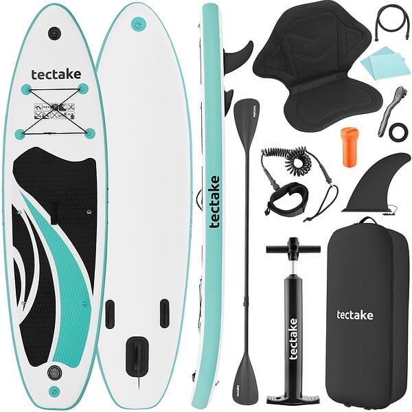 TECTAKE - Planche de stand up paddle gonflable avec support pour appareil photo siège de kayak antidérapant jusqu'à 200 kg blanc turquoise 288 x 77 x 22,5 cm - large