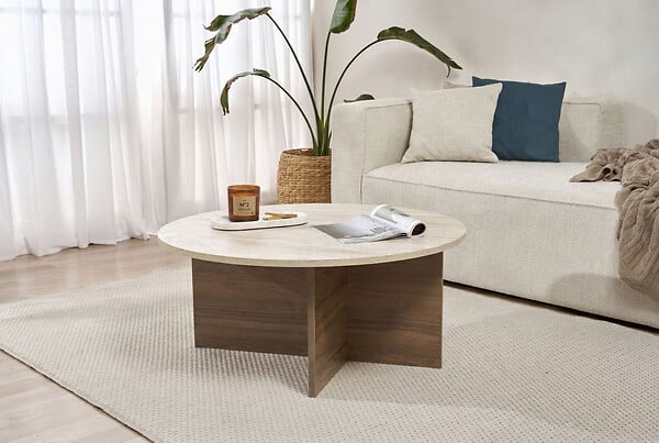 HABITAT ET JARDIN - Table basse en bois "Soleil" - 90 x 90 x 40 cm - Travertin - large