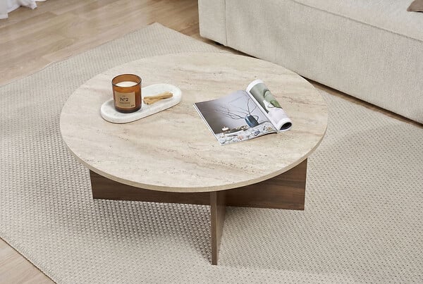 HABITAT ET JARDIN - Table basse en bois "Soleil" - 90 x 90 x 40 cm - Travertin - large