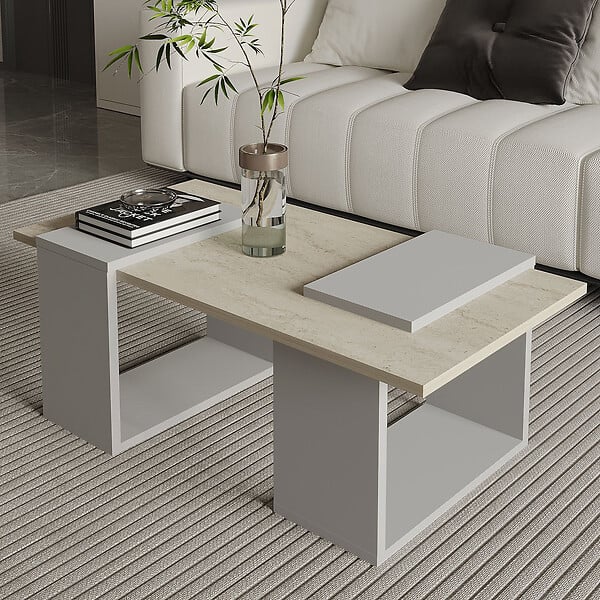 HABITAT ET JARDIN - Table basse en bois "Matris" - 90 x 46 x 37 cm - Travertin - large