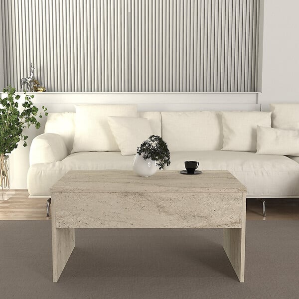 HABITAT ET JARDIN - Table basse avec coffre de rangement en bois "Akilli" - 90 x 45 x 52 cm - Travertin - large