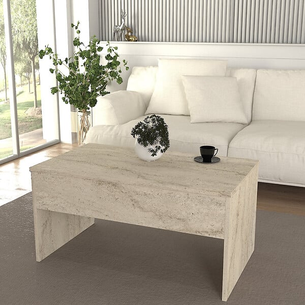 HABITAT ET JARDIN - Table basse avec coffre de rangement en bois "Akilli" - 90 x 45 x 52 cm - Travertin - large
