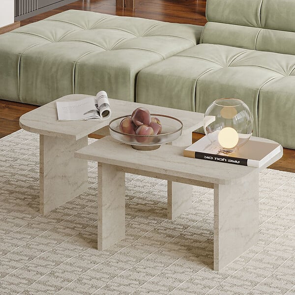 HABITAT ET JARDIN - Ensemble tables basses en bois "Iris" - 90 x 45 x 35 cm - Travertin - large