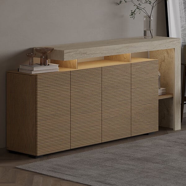 HABITAT ET JARDIN - Buffet en bois "Beliz" - 170 x 35 x 80 cm - Travertin / Chêne Chaud - large