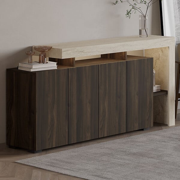 HABITAT ET JARDIN - Buffet en bois "Beliz" - 170 x 35 x 80 cm - Travertin / Noyer - large