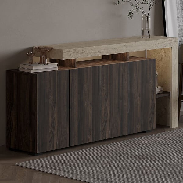 HABITAT ET JARDIN - Buffet en bois "Beliz" - 170 x 35 x 80 cm - Travertin / Noyer - large