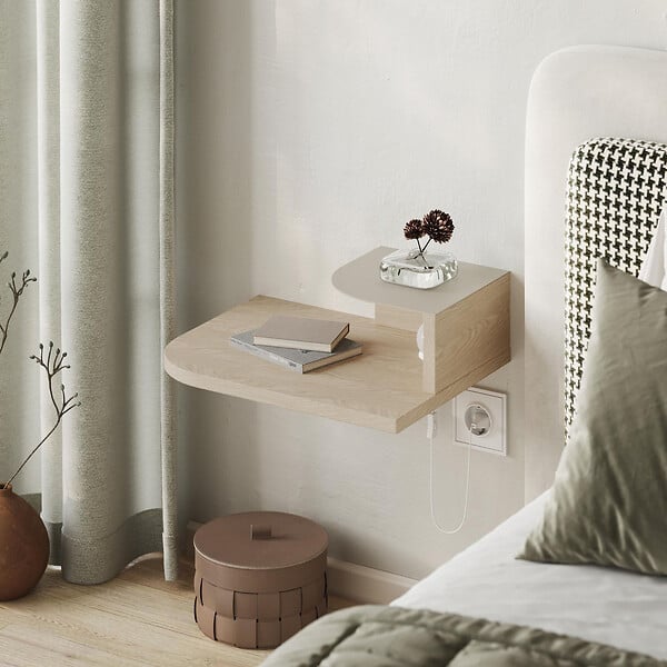 HABITAT ET JARDIN - Table de chevet avec ampoule en bois "Luno" - 40 x 30 x 16 cm - Crème - large