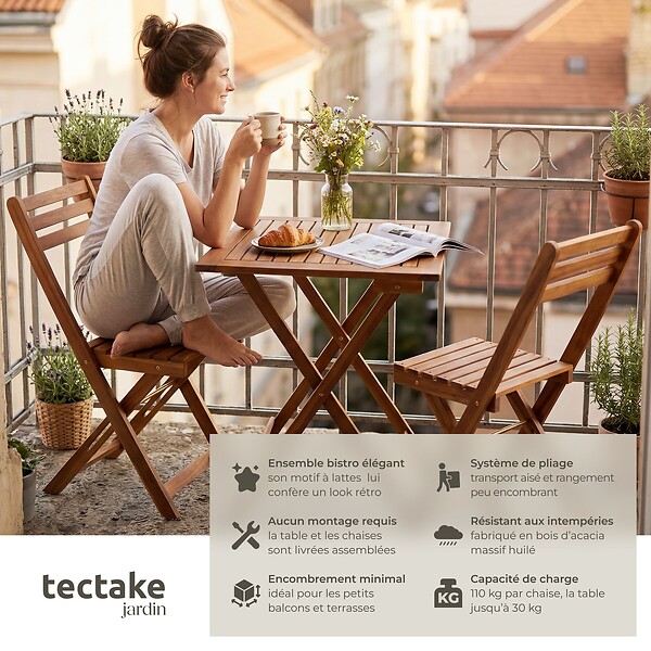 TECTAKE - Ensemble de bistrot marron pliable résistant aux intempéries pour 2 personnes en bois d'acacia huilé et acier galvanisé - large