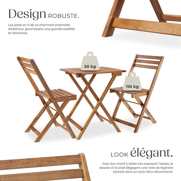TECTAKE - Ensemble de bistrot marron pliable résistant aux intempéries pour 2 personnes en bois d'acacia huilé et acier galvanisé - large