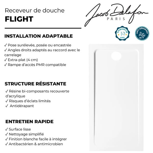 JACOB DELAFON - Receveur de douche Flight rectangle extra plat antidérapant 100 x 70 cm - large