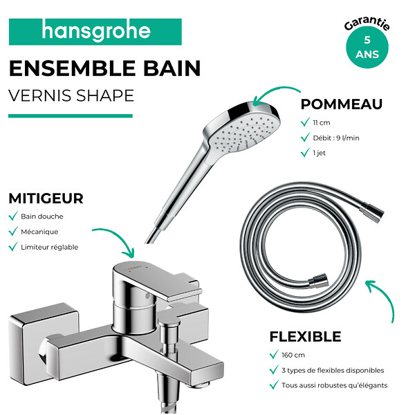 HANSGROHE - Pack mitigeur bain douche mécanique Vernis Shape C2 + Flexible Designflex + Pommeau Croma Select E EcoSmart blanc/chromé - large