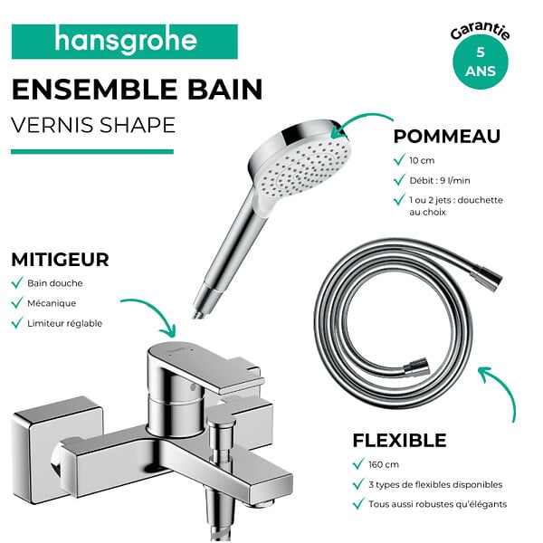 HANSGROHE - Pack mitigeur bain douche mécanique Vernis Shape C2 + Flexible Metaflex + Pommeau Vernis Blend 100 EcoSmart 1jet chromé - large