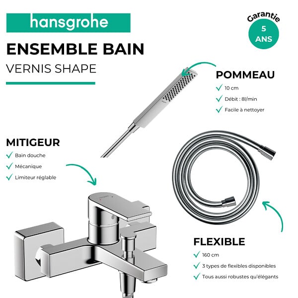 HANSGROHE - Pack mitigeur bain mécanique Vernis Shape C2 + Flexible Metaflex + Pommeau Pulsify E 100 EcoSmart chromé - large